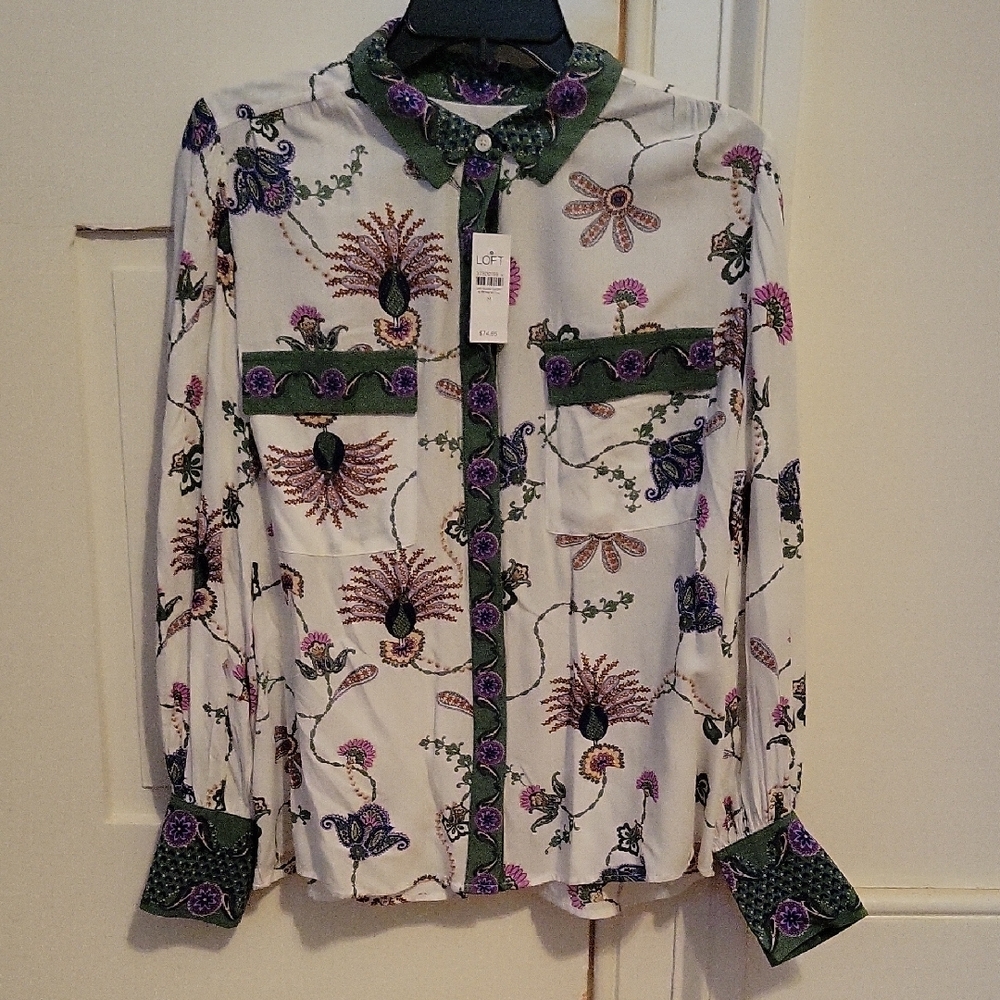 LOFT Floral Button Down Shirt - Green and Purple Accents